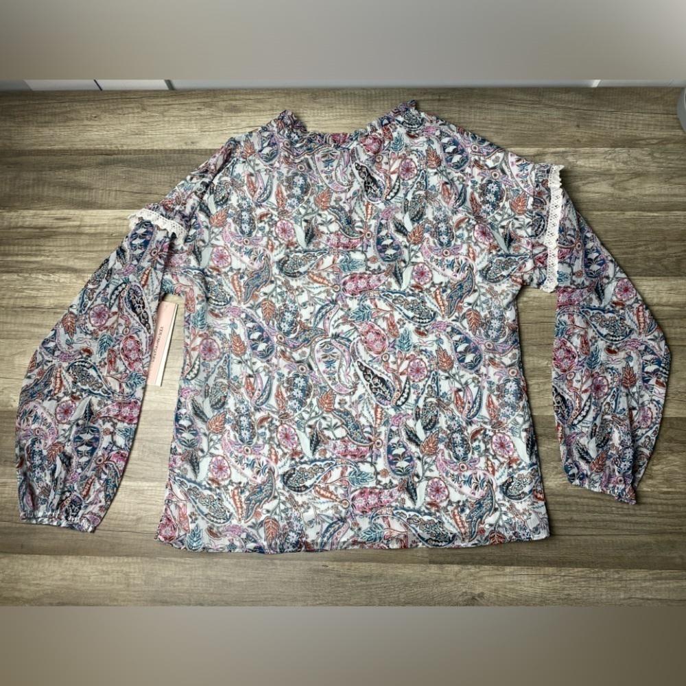 Aqua Paisley Lace Trim Top Women's S White Multi Split Tie Neck Long Sleeve - Picture 2 of 16